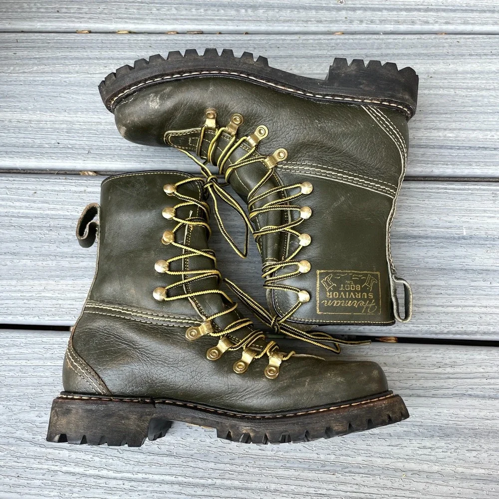 Herman Survivor Vintage 60s Boots Size 5 M/W Green Leather Logger  Vibram Soles